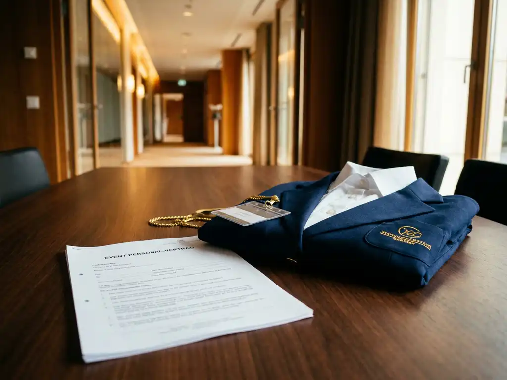 personalvermittlung-veranstaltung-vertrag-uniform.jpg Eventpersonal-Vertrag auf Konferenztisch neben gefaltetem Mitarbeiteruniform und Ausweisband, modernes deutsches Veranstaltungszentrum im Hintergrund.