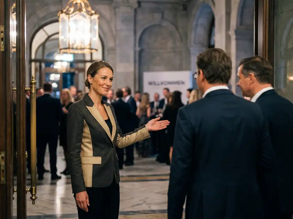 Elegante Hostess begrüßt Gäste auf einer glamourösen Veranstaltung in Berlin, Kronleuchter beleuchtet goldene Töne und unscharfe Menschenmenge.