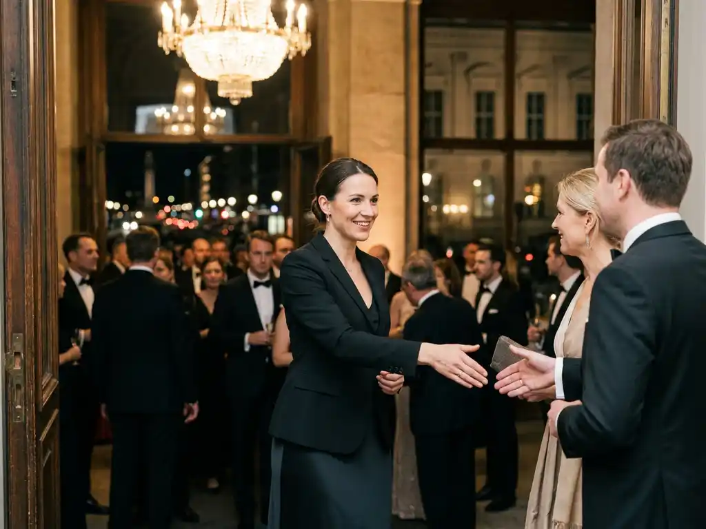 Gastgeberin in elegantem schwarzen Outfit begrüßt Gäste beim Berliner Abendgala-Event im festlich beleuchteten Veranstaltungssaal.