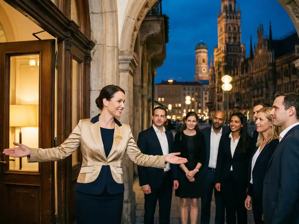 Elegante Hostess begrüßt internationale Gäste am Eingang eines Münchner Veranstaltungsorts mit bayrischer Architektur im Hintergrund.