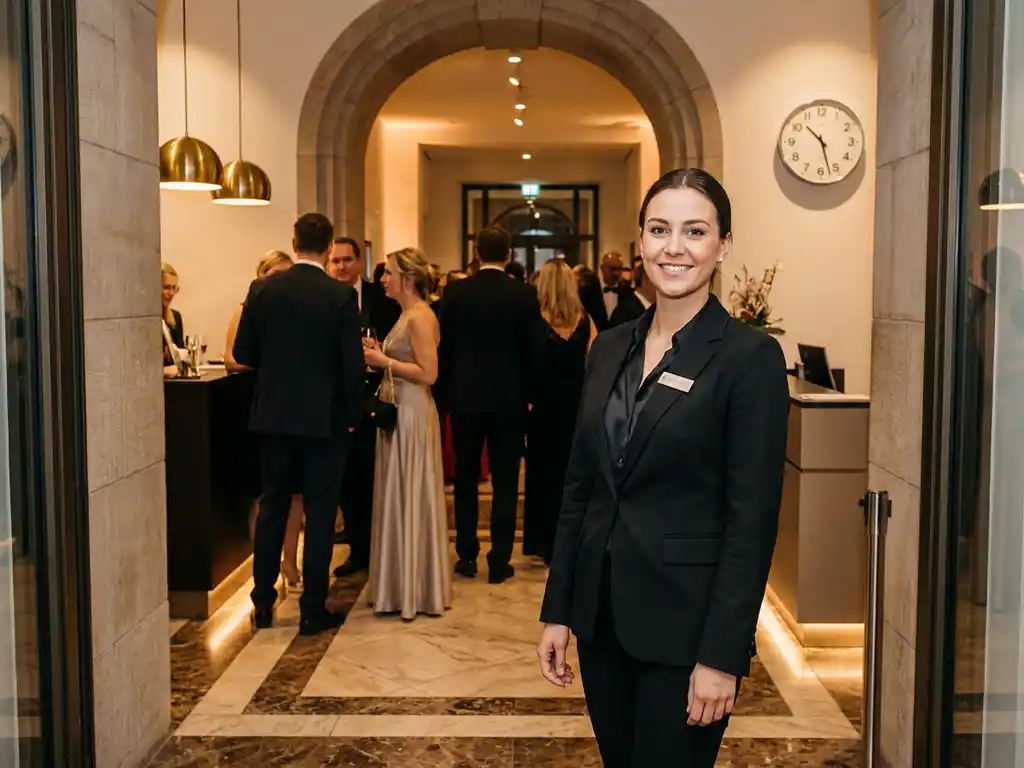 Elegante Hostess in schwarzer Uniform am Eingang eines Berliner Veranstaltungsorts mit goldenem Umgebungslicht und Marmorboden.