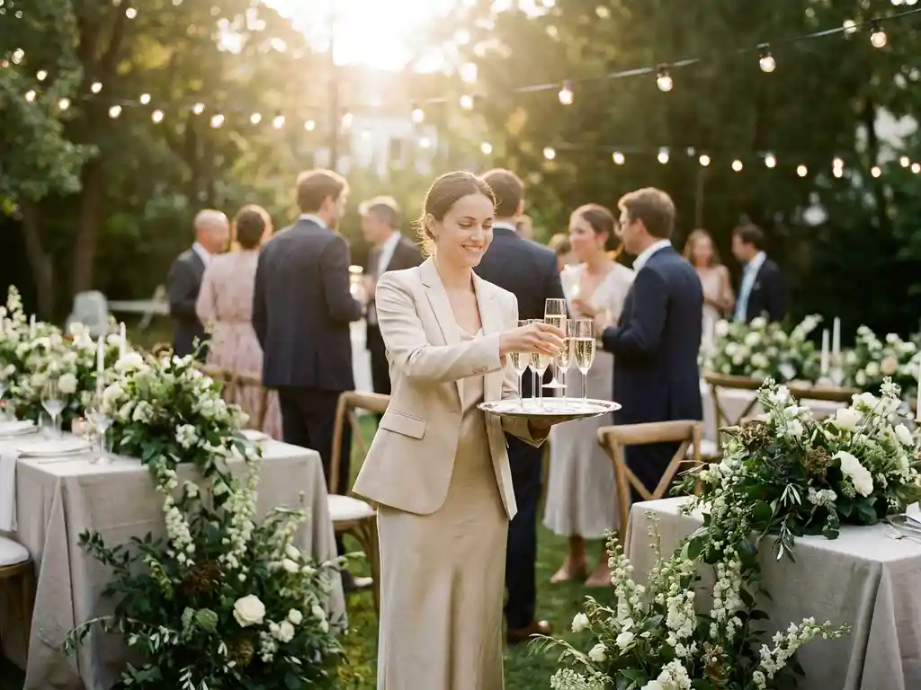 Elegante Hostess serviert Champagner auf silbernem Tablett bei einer privaten Gartenparty in München im goldenen Abendlicht.