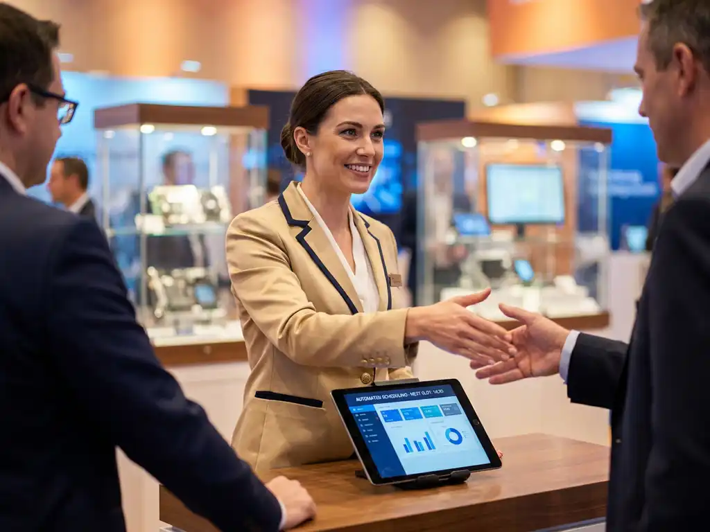 Messehostess in elegantem Outfit begrüßt Besucher am Messestand, Tablet mit Planungsdaten auf dem Tresen, warmes Ausstellungslicht.
