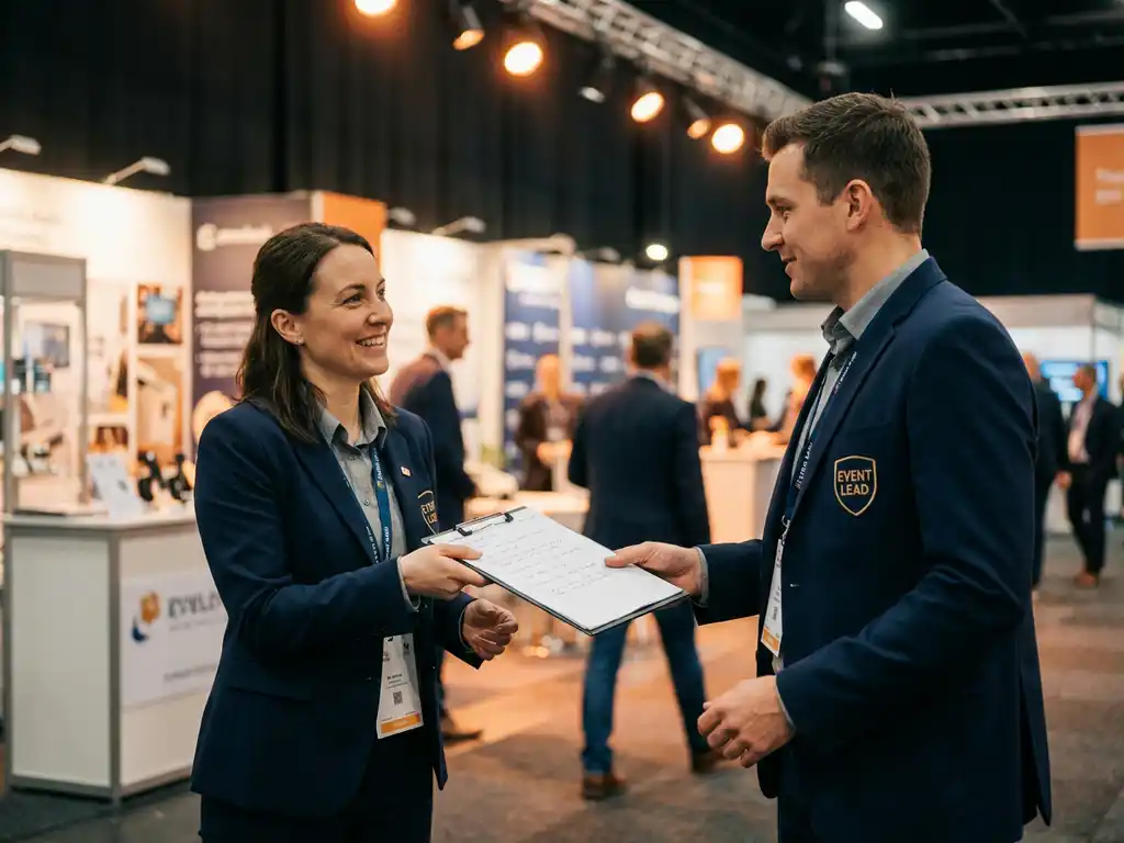 Teamleiter in Markenuniform übergibt Klemmbrett mit Schichtnotizen an Kollegen auf belebter Fachmesse mit Ausstellerständen im Hintergrund.