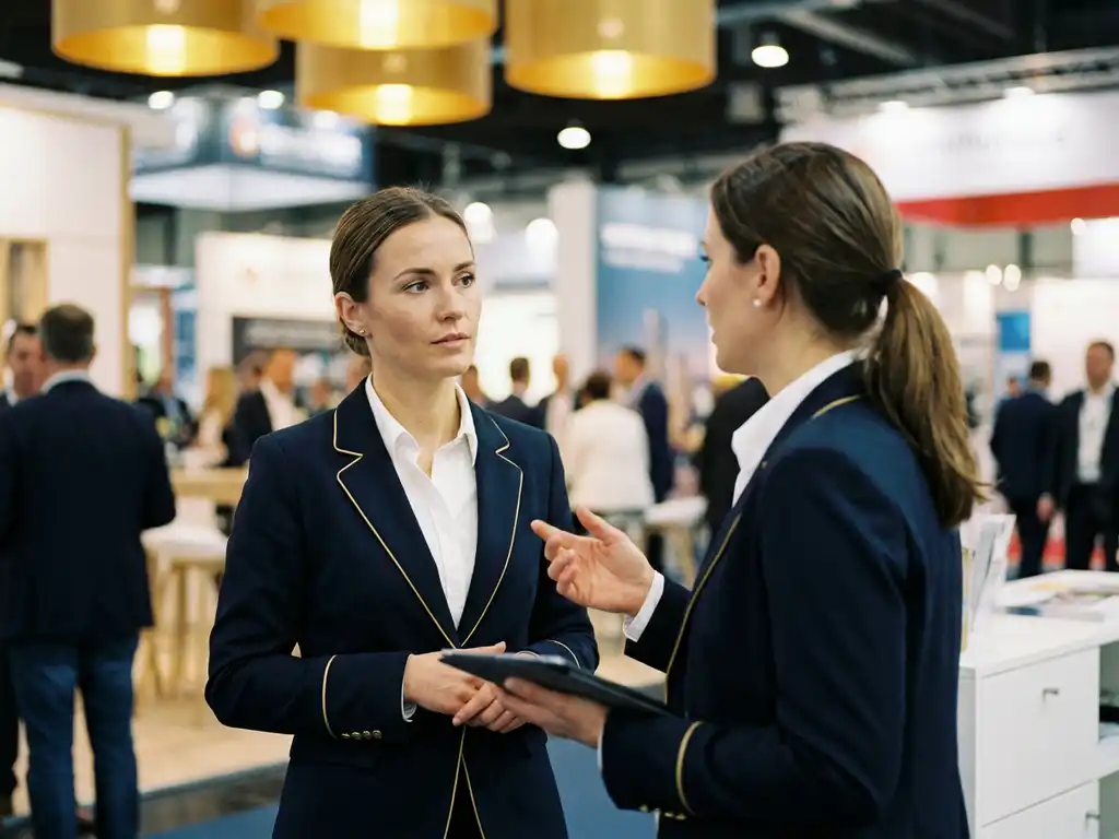 messehostess-briefing-messe-team.jpg Messehostess in Marine-Uniform erhält Briefing von Teamleiterin in belebter Messehalle mit goldener Beleuchtung.