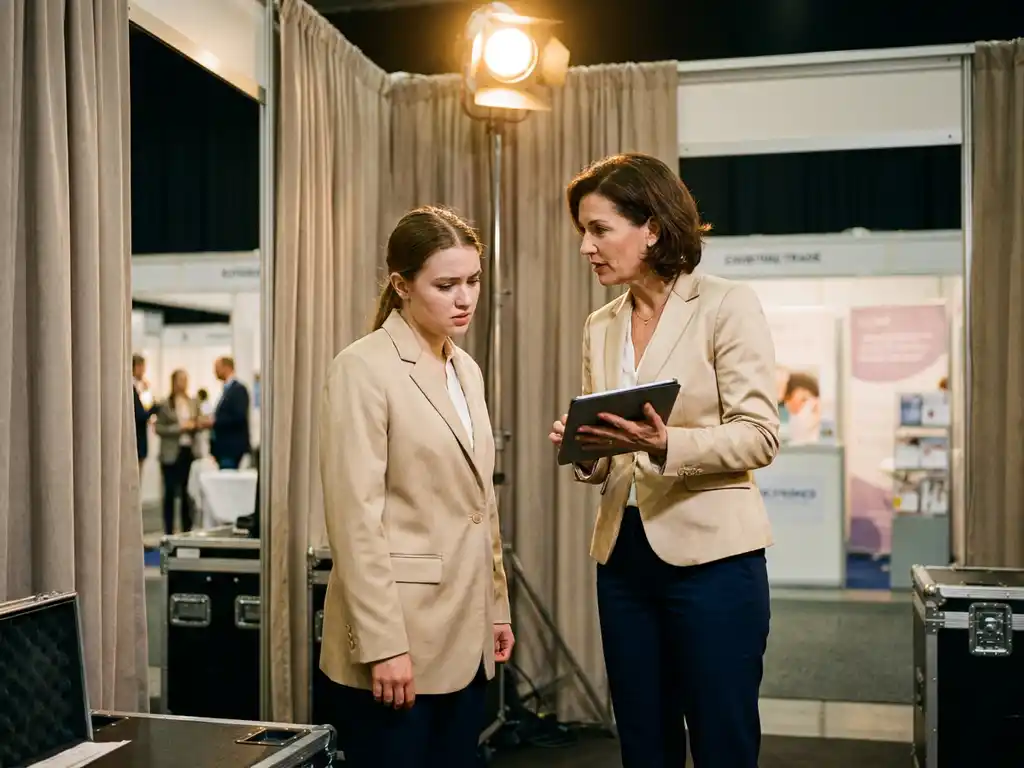 messehostess-einweisung-neuling-messe.jpg Erfahrene Messehostess in Uniform berät nervösen Neuling backstage einer Handelsmesse, Ausstellungsstände im unscharfen Hintergrund.
