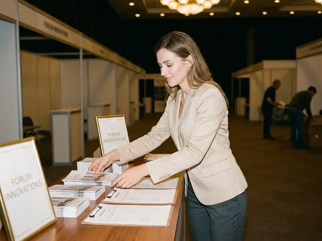 Messehostess in eleganter Kleidung ordnet Broschüren und Kontaktlisten an einem Ausstellungsstand nach einer Messe.