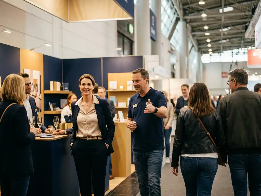messehostess-promoter-stand-messe.jpg Elegante Hostess und Promoter im Messeeinsatz an einem belebten Ausstellungsstand in einer deutschen Messehalle.