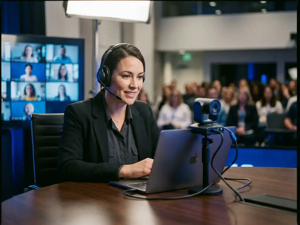 hybrid-event-moderator-streaming-konferenz.jpg Moderator mit Headset leitet hybrides Event an Konferenztisch mit Laptop und Streaming-Kamera, Publikum und Remote-Teilnehmer im Hintergrund.