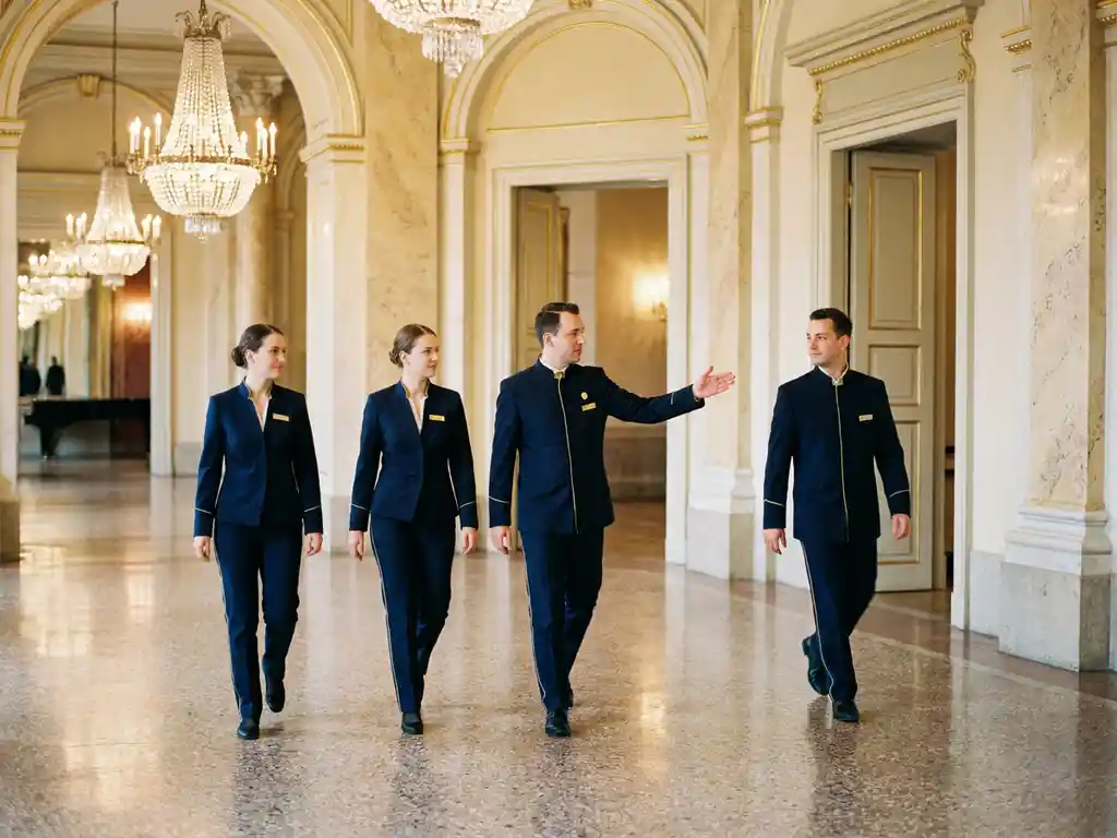 Fünf Eventmitarbeiter in dunkelblauen Uniformen bewegen sich durch ein elegantes Münchner Veranstaltungsgebäude mit Marmorsäulen und Kronleuchtern.
