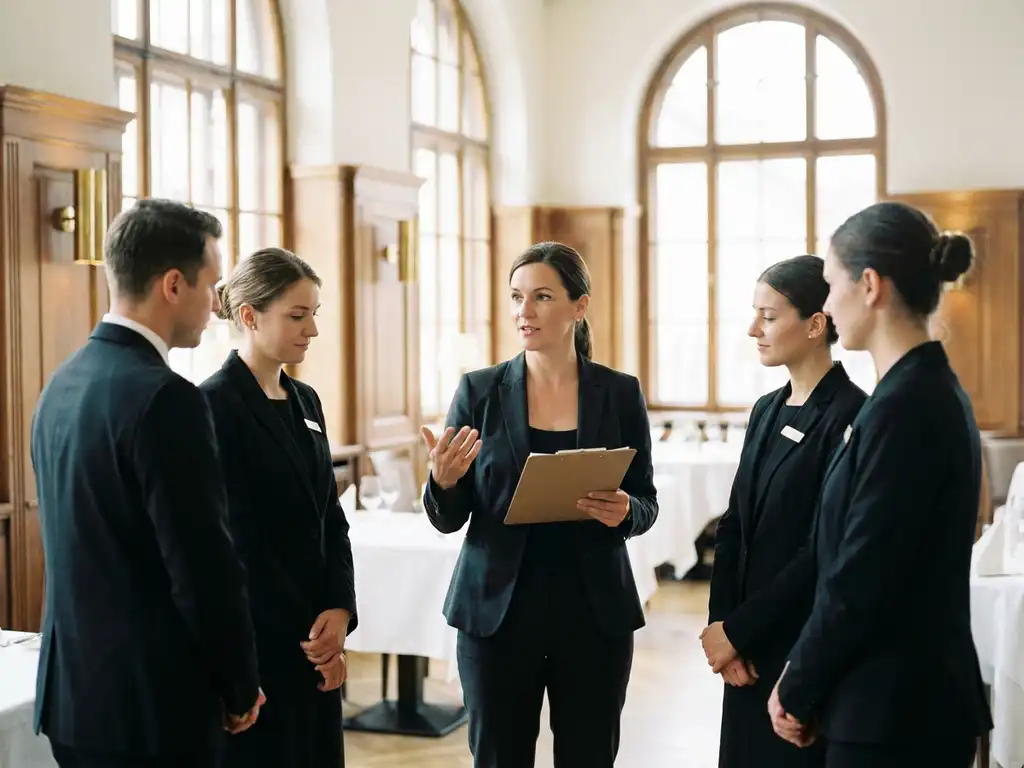 eventleiter-briefing-personal-muenchen.jpg Teamleiter mit Klemmbrett briefing Eventpersonal in schwarzer Uniform in einem hellen Münchner Veranstaltungsraum mit hohen Decken.