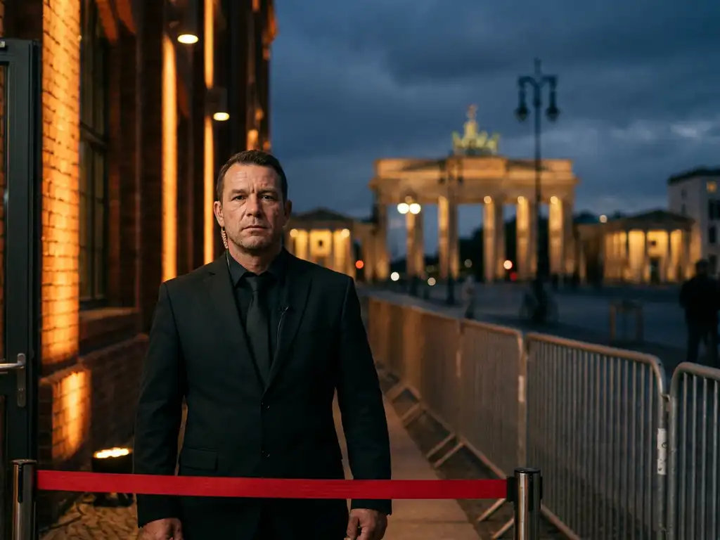 sicherheitsdienst-berlin-veranstaltung-eingang.jpg Sicherheitsdienst in dunkler Uniform am Eingang eines Berliner Veranstaltungsorts, Samtabsperrung im Vordergrund, Brandenburger Tor im Hintergrund.