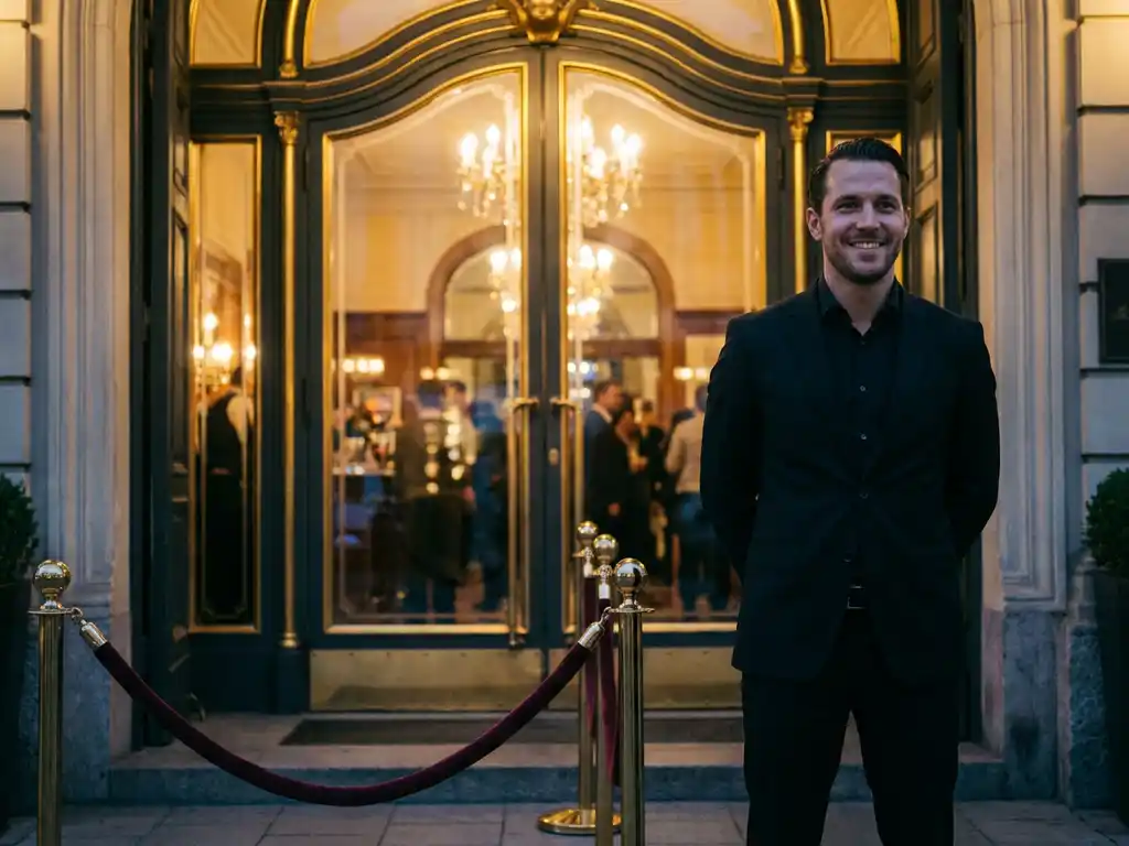 tuersteher-muenchen-eventlocation-eingang.jpg Türsteher im schwarzen Anzug vor elegantem Münchner Eventlocation-Eingang mit Samtseilen und goldenem Innenlicht.