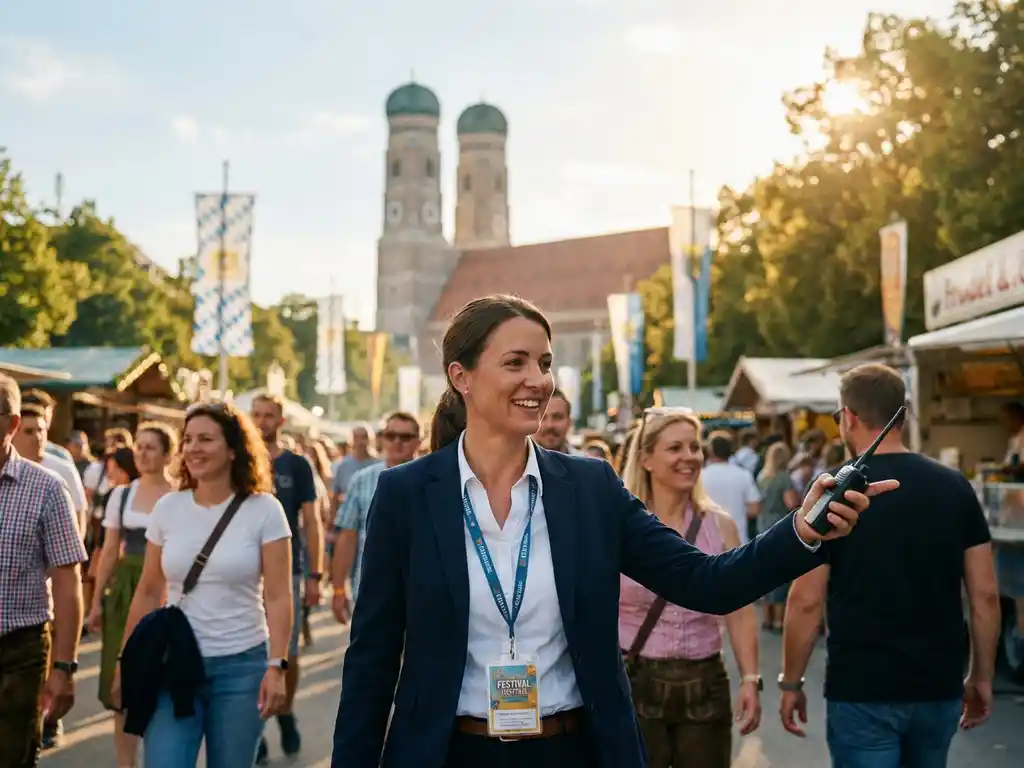 Hostess in weißer Uniform koordiniert Festivalpublikum in München mit den Türmen der Frauenkirche im sommerlichen Hintergrund.