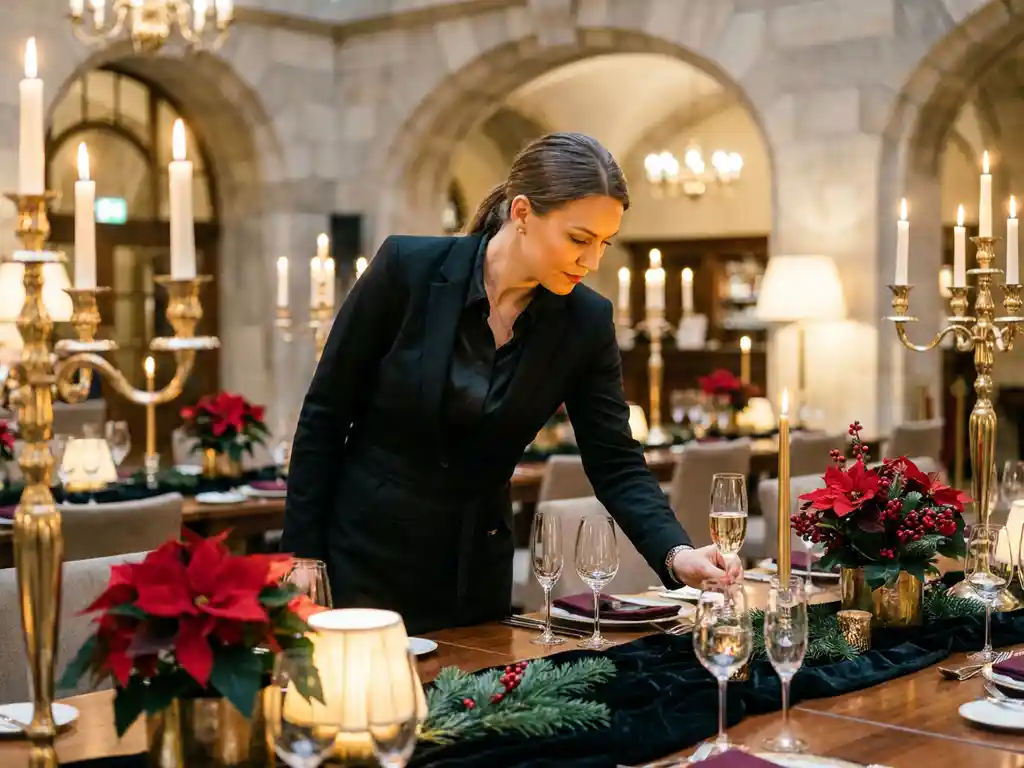 Hostess in schwarzer Servicekleidung arrangiert Champagnergläser auf festlich dekoriertem Banketttisch mit Poinsettien und goldenen Kerzen in Berliner Eventlocation.