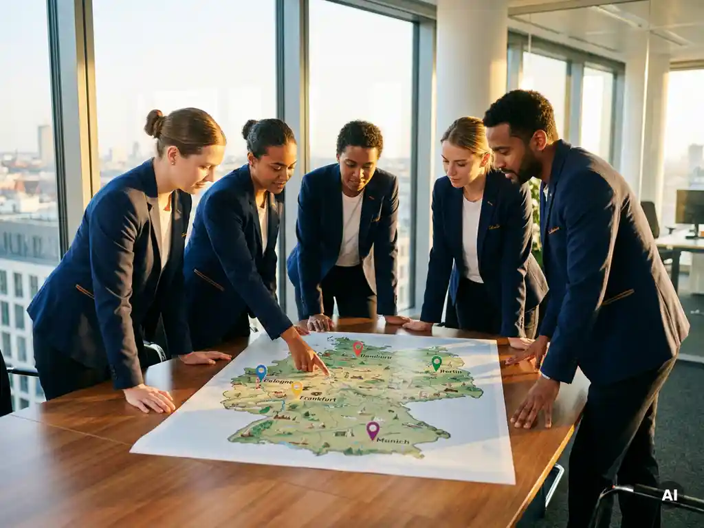 deutschlandweit-eventteam-planung-karte.jpg Fünf Eventmitarbeiter in einheitlichen Uniformen planen Veranstaltungsorte auf einer Deutschland-Karte im modernen Büro.