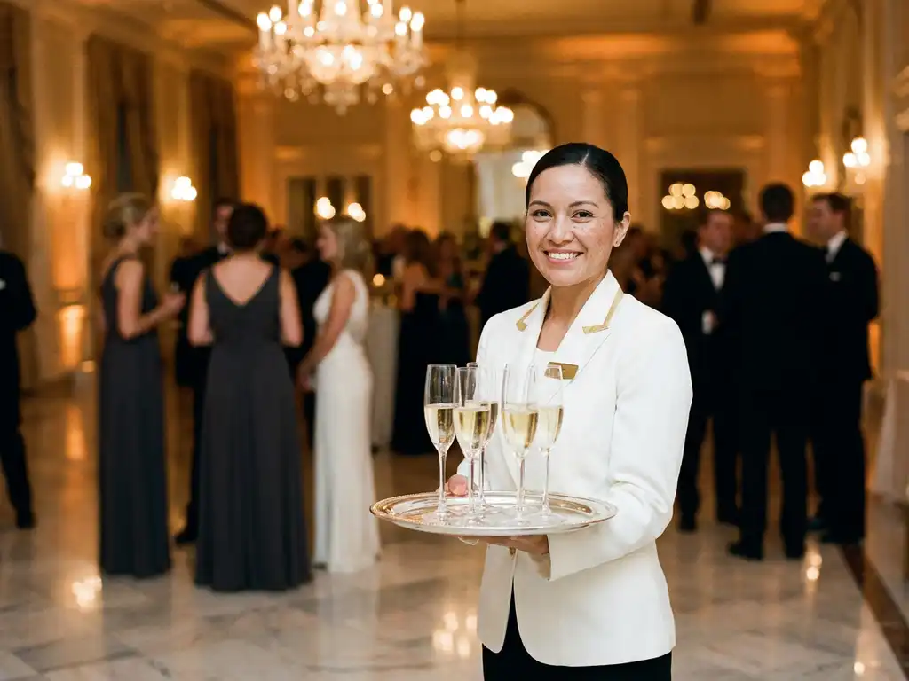 Servicekraft in weißer Uniform trägt Silbertablett mit Champagnergläsern in elegantem Festsaal mit Kronleuchterbeleuchtung.