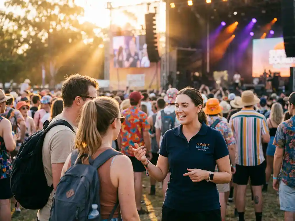 Promoter im Marken-Polo spricht Festivalbesucher an, bunte Menschenmenge und große Bühne im goldenen Abendlicht.