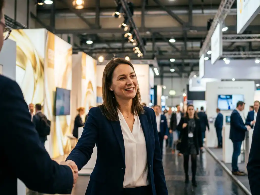 Messehostess im taillierten Blazer begrüßt Besucher in einer modernen Berliner Ausstellungshalle mit eleganten Messeständen im Hintergrund.