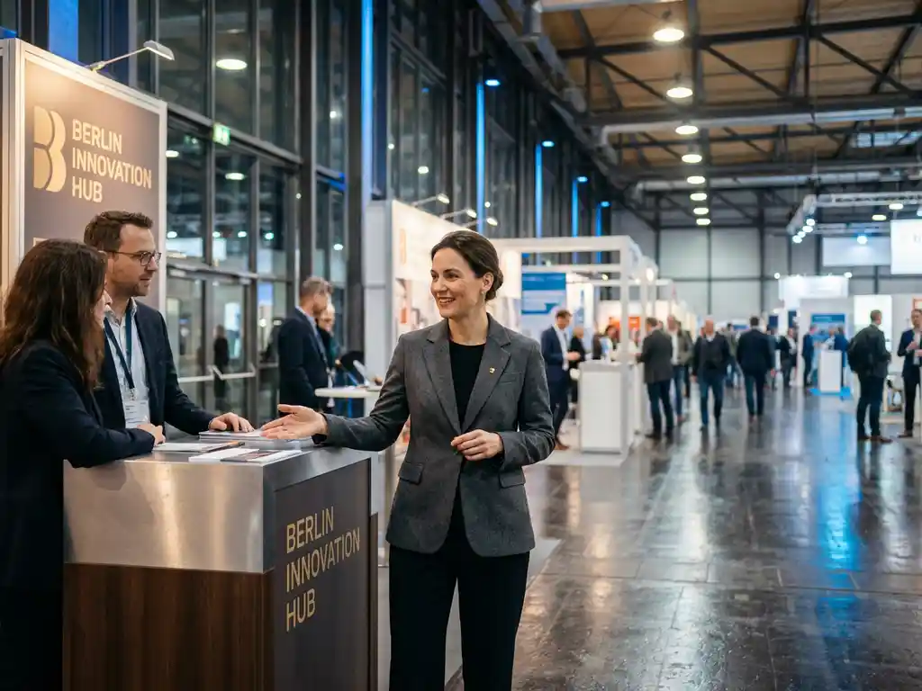 Messehostess im Blazer begrüßt Besucher an einem modernen Ausstellungsstand in Berlin mit weitläufiger Messehalle im Hintergrund.
