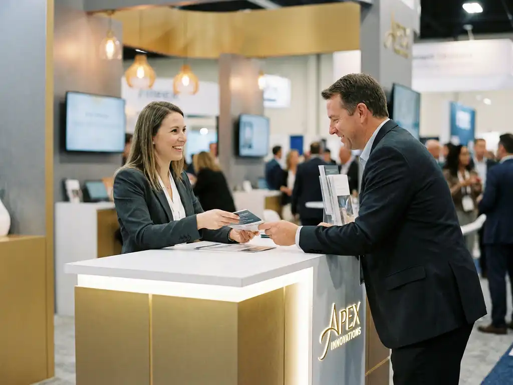 Messehostess im Gespräch mit einem Besucher im Anzug an einem eleganten Messestand mit goldenen und weißen Akzenten.