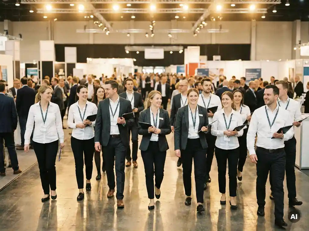 Professionelles Messepersonal in weißen Uniformen und Lanyards bewegt sich koordiniert durch eine belebte Messehalle mit warmem Spotlicht.