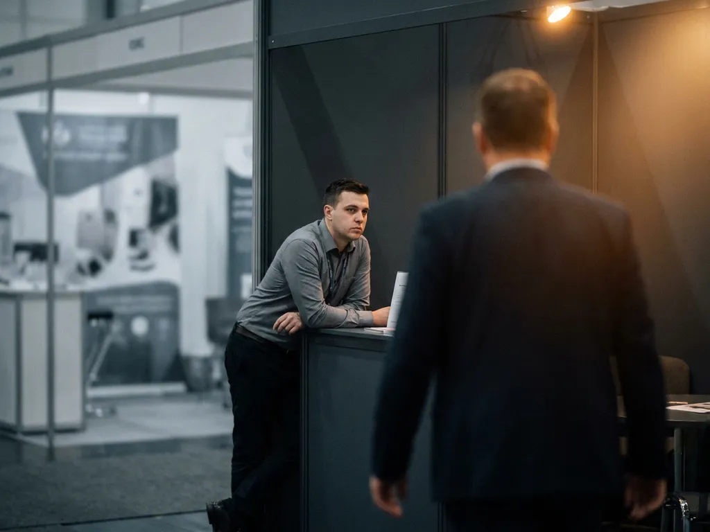 messestand-besucher-verpasste-chance-verkauf.jpg Messebesucher kehrt einem desinteressierten Standmitarbeiter den Rücken zu, warmes Licht betont die verpasste Geschäftschance.