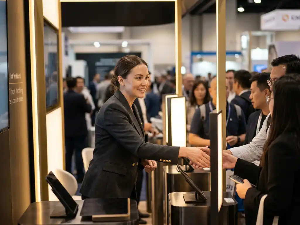 Messehostess im Blazer begrüßt Besucher an einem eleganten Ausstellungsstand mit goldenen Akzenten auf einer deutschen Messe.