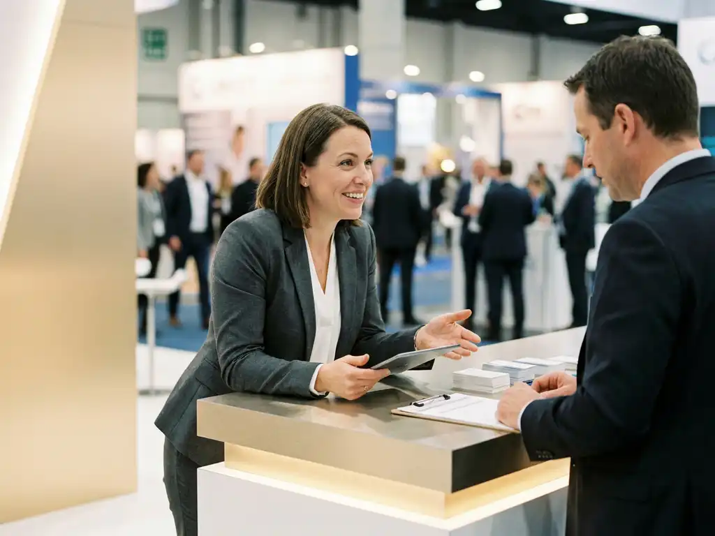 Messebetreuerin im taillierten Blazer spricht mit Besucher am modernen Ausstellungsstand mit Klemmbrett und Visitenkarten.