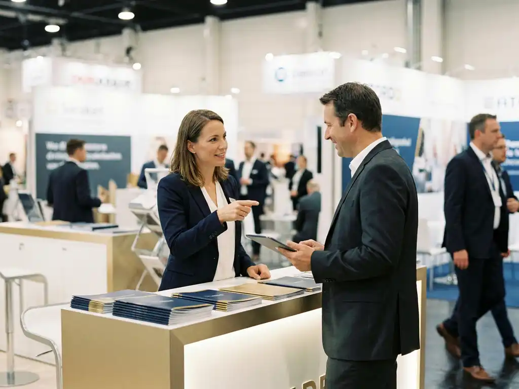 messehostess-b2b-executive-ausstellungsstand-professionell.jpg Messehostess im Blazer im Gespräch mit einem Manager am Messestand, Broschüren auf dem Tresen, unscharfe Messehalle im Hintergrund.