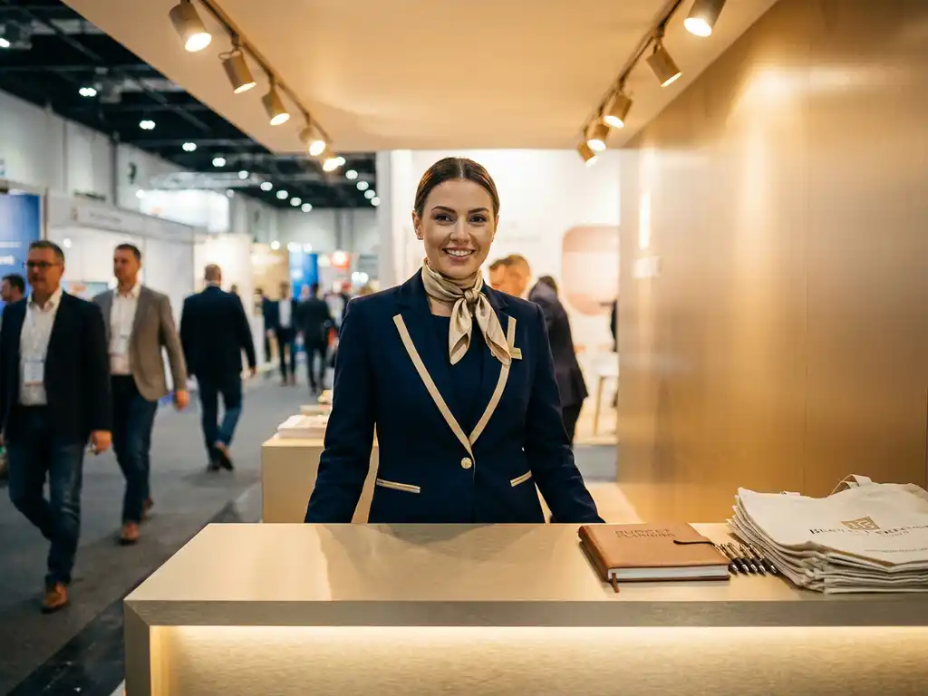 messehotesse-budget-planung-messestand.jpg Messehostess in maßgeschneiderter Uniform an elegantem Ausstellungsstand mit Budgetplanungsnotizbuch und Markenartikeln.