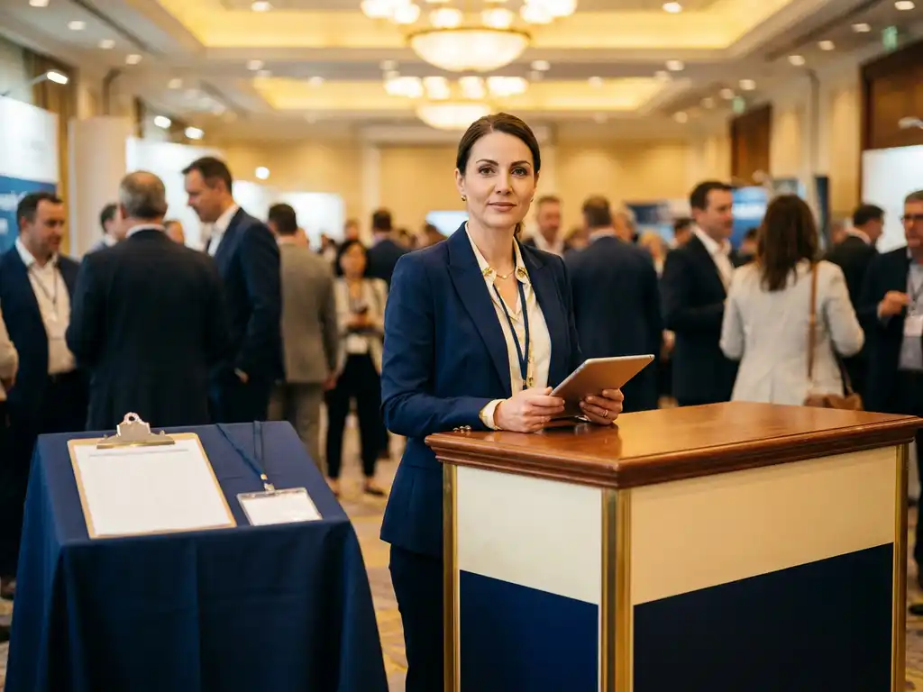 Professionelle Hostess in eleganter Kleidung an einem Messestand, daneben ein leeres Pult mit Namensschild und Klemmbrett.