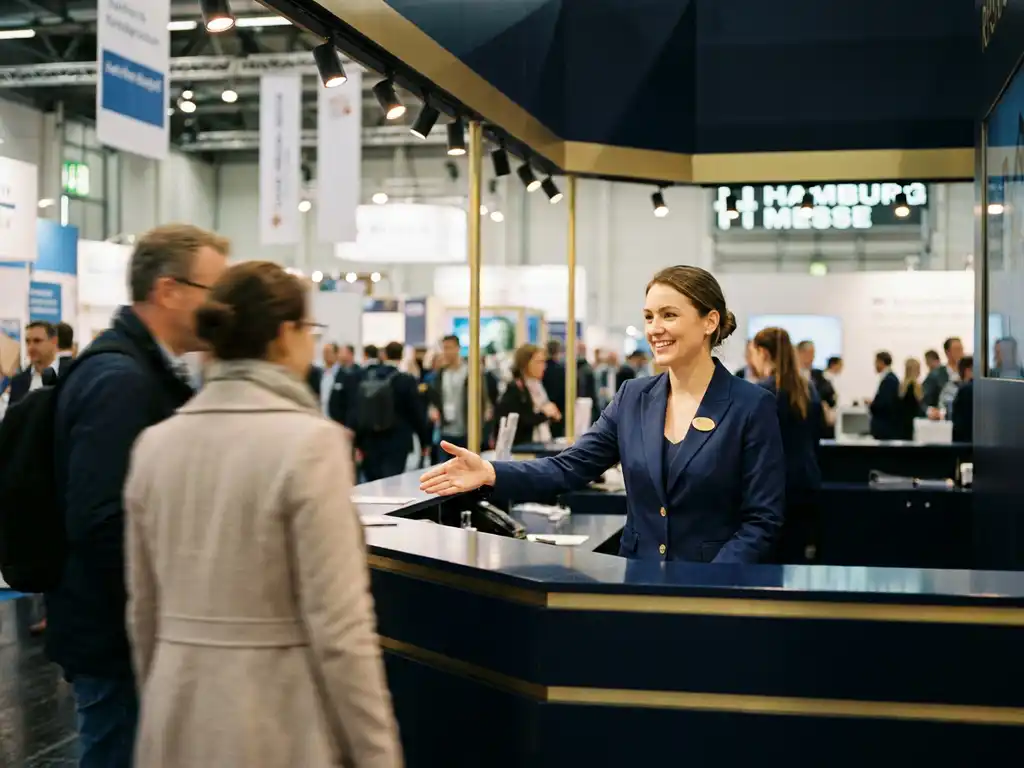 Messehostess im Blazer begrüßt Besucher an einem eleganten Ausstellungsstand in einer belebten Hamburger Messehalle.