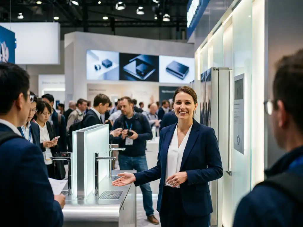 Messehostess im Blazer begrüßt Besucher am modernen IFA-Berlin-Stand mit leuchtenden Produktdisplays im Hintergrund.
