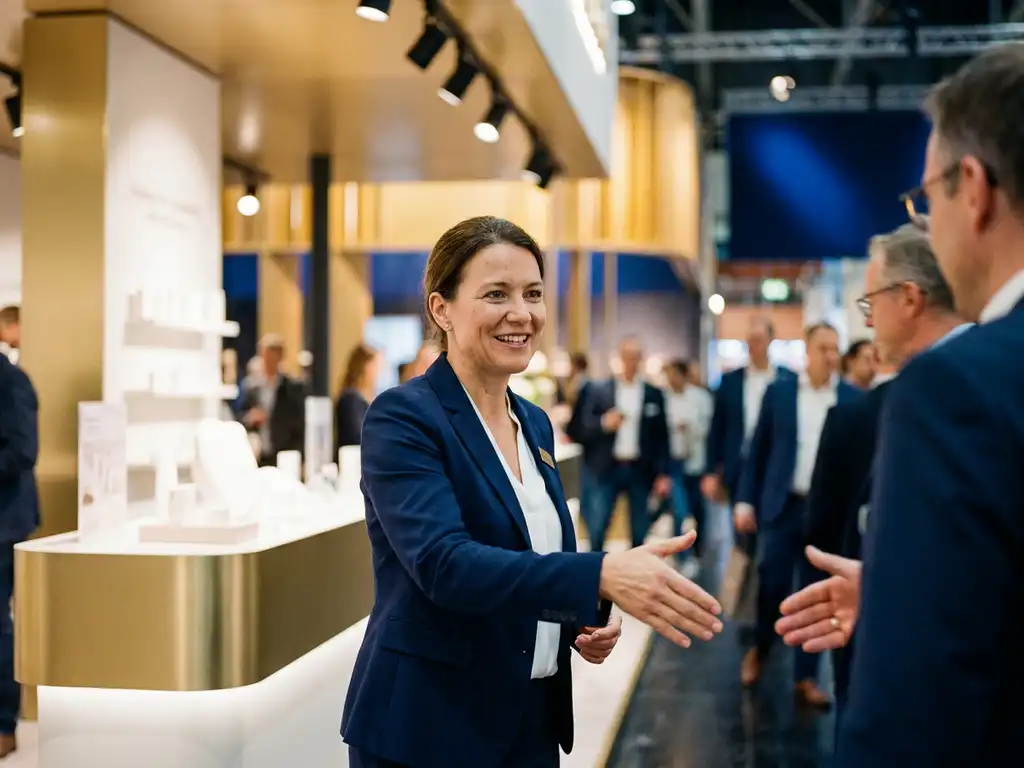 messehostess-muenchen-empfang-messe.jpg Messehostess im taillierten Blazer begrüßt Besucher in einer modernen Münchner Messehalle mit warmem Spotlight-Licht.