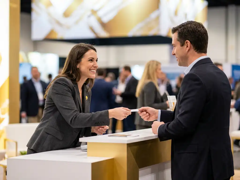 Messehostess im Blazer überreicht einem Geschäftsbesucher eine Visitenkarte an einem modernen Ausstellungsstand.