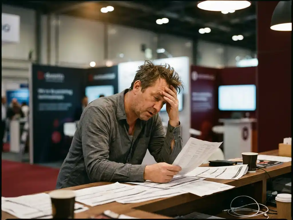 messemanager-rechnung-stress-veranstaltung.jpg Gestresste Eventmanagerin prüft zerknitterte Rechnung an Messestand, Personalplan und Ausstellungsbereich im Hintergrund.