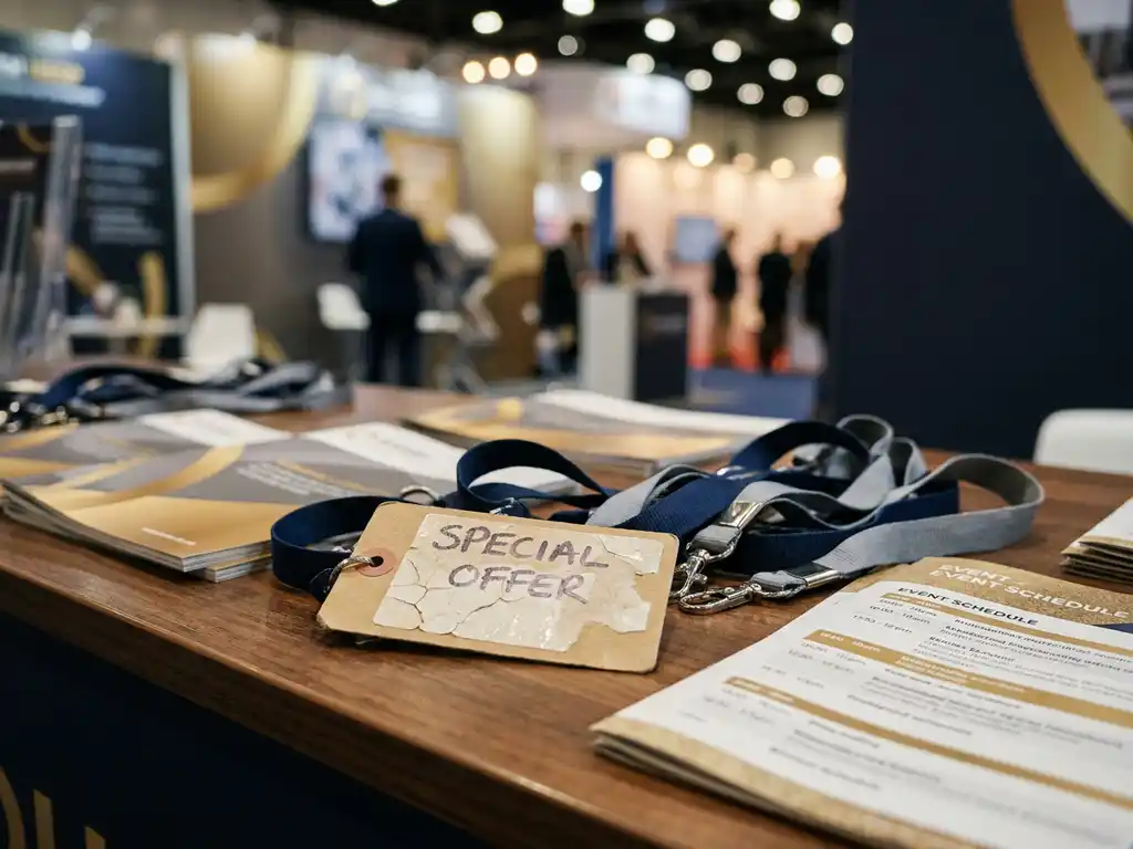 preisschild-messe-stand-irrefuehrend.jpg Rissiges Preisschild auf Messetresen umgeben von Lanyards, Broschüren und Veranstaltungsplan in warmem Ausstellungslicht.