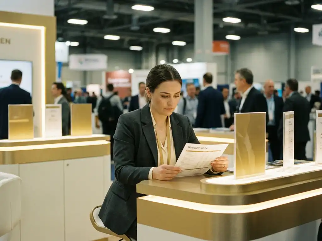 Messehostess im Blazer prüft Budgetdokument an einem modernen Messestand mit beleuchteten Displays im Hintergrund.