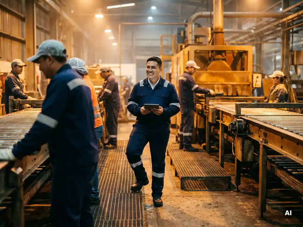Produktionsarbeiter in sauberer Uniform betritt beleuchtete Fabrikhalle und schließt sich laufendem Schichtteam an Stahlmaschinen an.