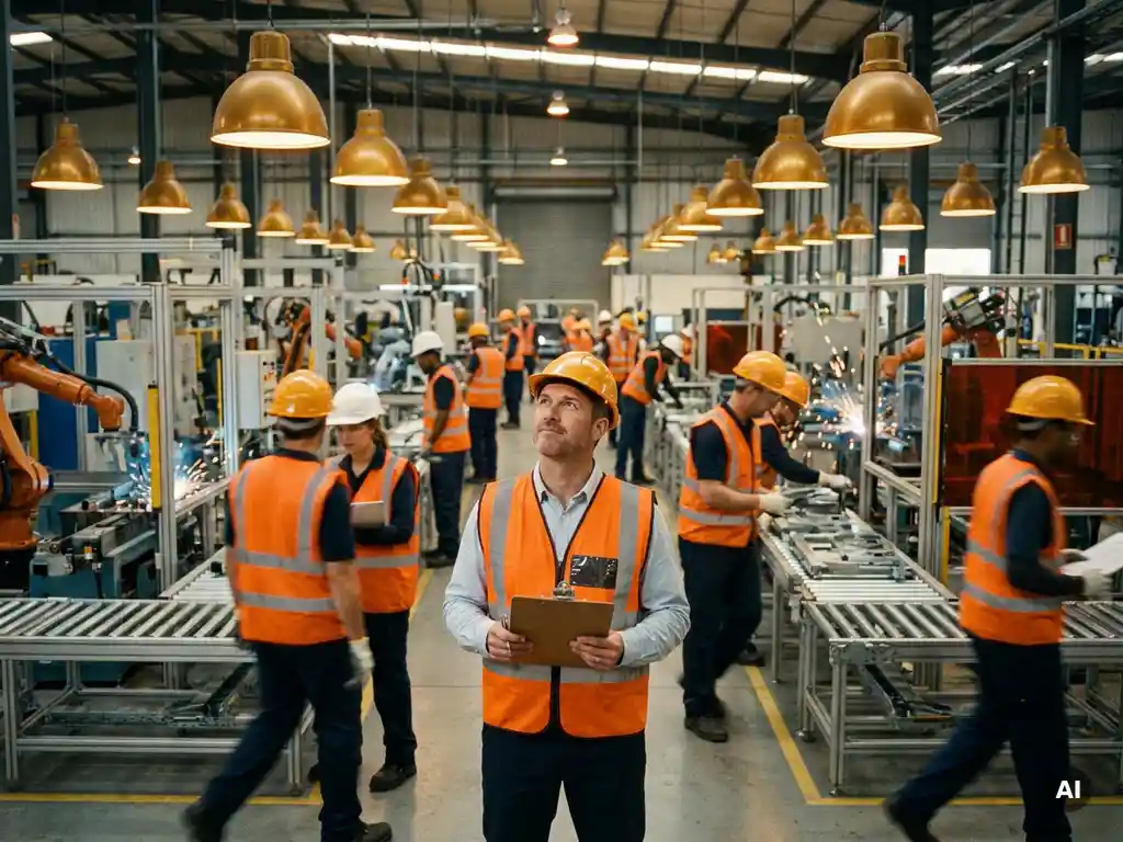 Supervisor mit Klemmbrett auf belebtem Produktionsgelände, Arbeiter in Warnwesten an Montagestationen, goldwarmes Industrielicht.