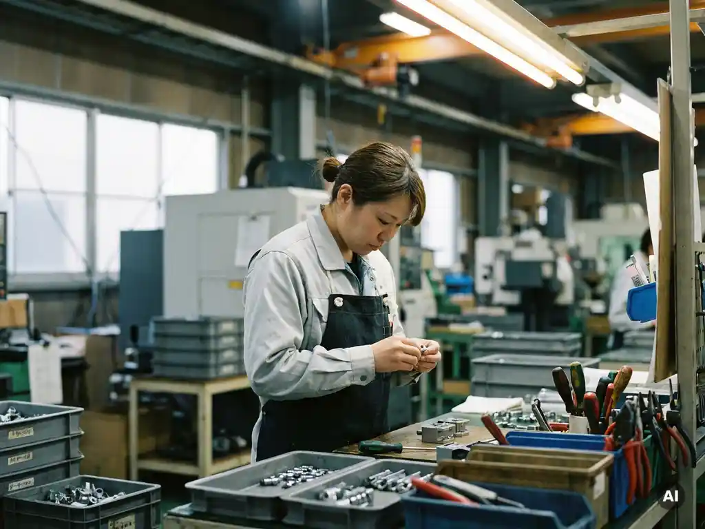 produktionshelfer-montage-fabrik-arbeitsplatz.jpg Produktionshelfer in Werksuniform montiert Bauteile an einem modernen Industriearbeitsplatz mit geordnetem Werkzeug.